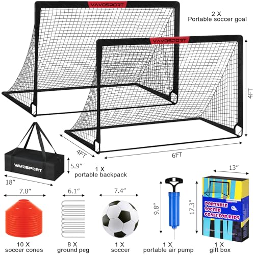 Kids Soccer Goal Set - 2 Portable 6'x4' Goals with Ball & Cones - Black