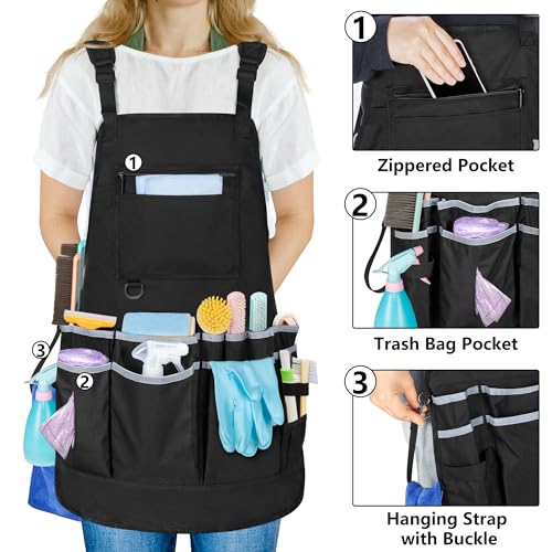 Professional Cleaning Apron for Housekeeping, Water-resistant Cleaning Apron with Multiple Pockets for Women and Men, Adjustable Waist Apron for Cleaning Work Tools, Black