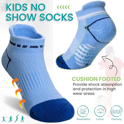 Eyean Boys Athletic Ankle Socks 6 Pairs Kids Cotton Low Cut Sport Socks - Age 9-12, Blue/Grey/Beige