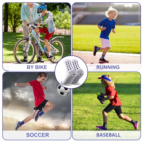Barrlves 6 Pairs Kids Grip Soccer Socks Cushioned Non Slip Football Athletic Socks (Medium) – 2 Black, 2 White, 2 Blue