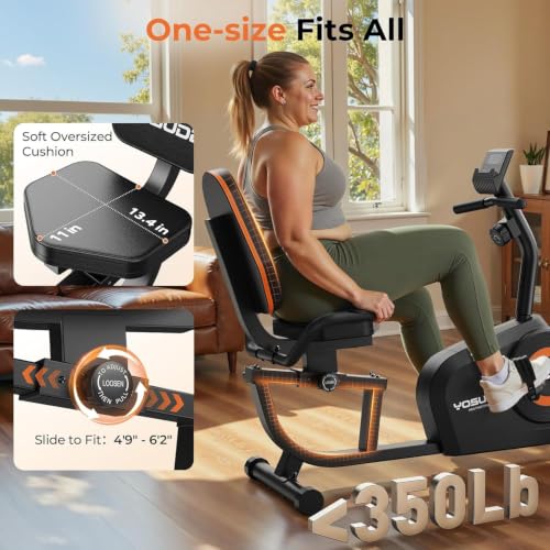 Recumbent Exercise Bike for Home - Magnetic, Quiet, Adjustable Seat, 350LB Capacity, 16-Level Resistance, LCD Monitor & Pulse Sensors - Black-Orange