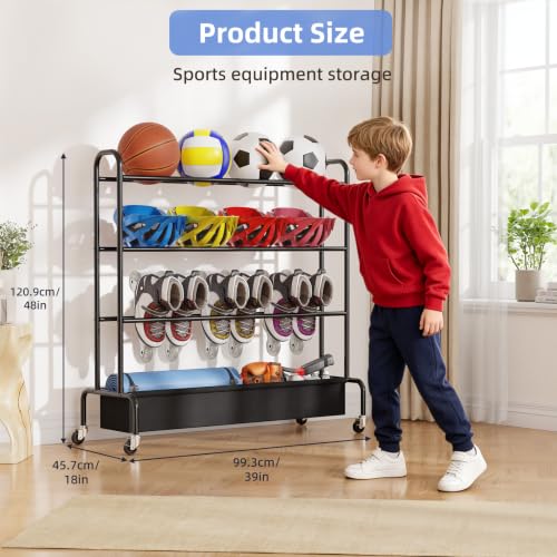 MWQ 4-Tier Basketball Rack Rolling Storage Cart for Basketballs, Footballs & Soccer - Indoor/Outdoor