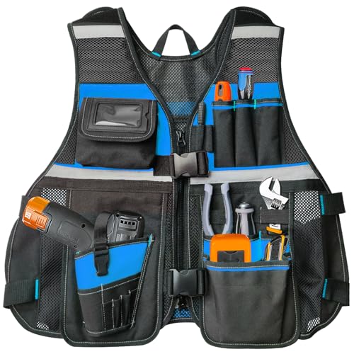 Tool Vest, Electrician Tool Vest with Drill Holster, 17 Compartments, Reflective Workwear with Tool Pockets, Adjustable Waist & Upgraded Comfortable Neck Opening (Blue)