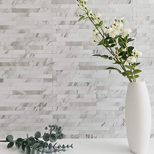 DICOFUN Peel and Stick Backsplash Tile, PVC Mixed Metal Stick on Backsplash Tiles for Kitchen and Bathroom (1, White Marble & Metal Silver)