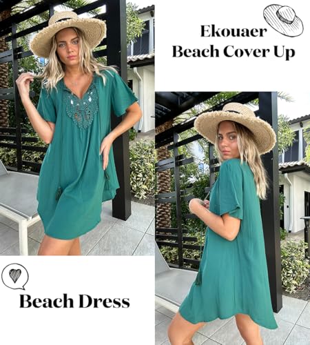 Lace Crochet V-Neck Bikini Beach Cover-Up Dress - Deep Green, XX-Large