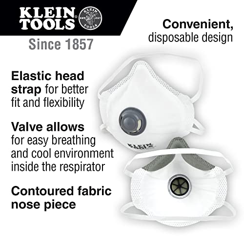 Klein Tools 604403 Respirator Mask, N95 Particulate Disposable Valved Respirator, NIOSH approved for Woodworking and Construction, 3-Pack