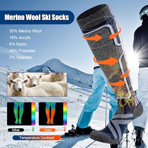 Cirorld Merino Wool Ski Socks for Men & Women, Large Black & Blue, 2 Pack, Winter Thermal