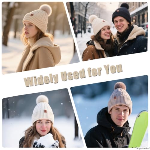 Warm Wool Cable Knit Beanie Hat for Women - Beige Pom Pom
