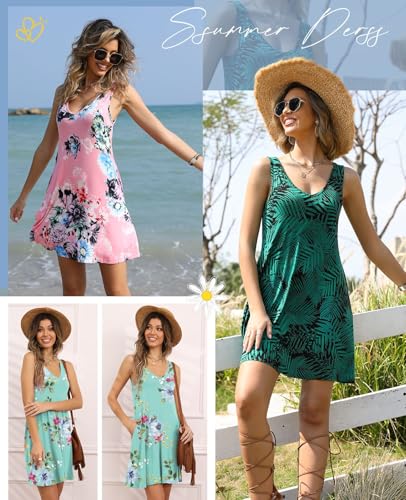 Women Summer Casual V Neck Beach Cover-Up Tank Dress - Begonia & Dark Green Small