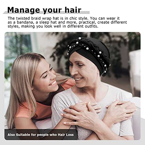 Twisted Braid Turban Cap with Pearls - Black, Pre-Tied Hair Wrap