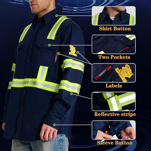SRsafety Hi Vis FR Shirts for Men,7.0oz Long Sleeve FR Work Shirts,100% Cotton High Visibility Fire Shirt