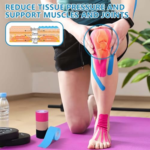 Waterproof Kinesiology Tape - 4 Rolls for Muscle Pain Relief - Black, Skin, Pink, Light Blue