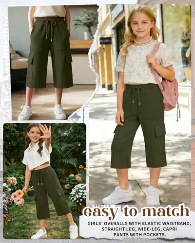 Girls Cargo Capri Pants with Pockets - Adjustable Waistband