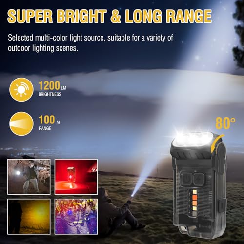 BORUIT V15 LED Small Powerful EDC Flashlight with Warm White Red Light,Bright 1200LM USB C Rechargeable 10 Modes Mini Pocket Keychain Flash Light with Clip,IP67 Waterproof,80¡ÆHead Swivels,Tail Magnet