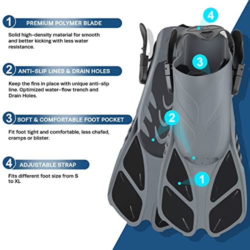 Travel Size Snorkeling Gear Set - Grey ML/XL - Anti-Fog Mask, Trek Fins, Dry Top Snorkel
