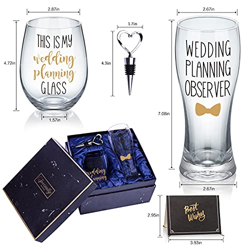 Gemwi Wedding Planning Glass Set - Engagement Gift for Couples, Includes 18oz Wine & 11.56oz Beer Glasses