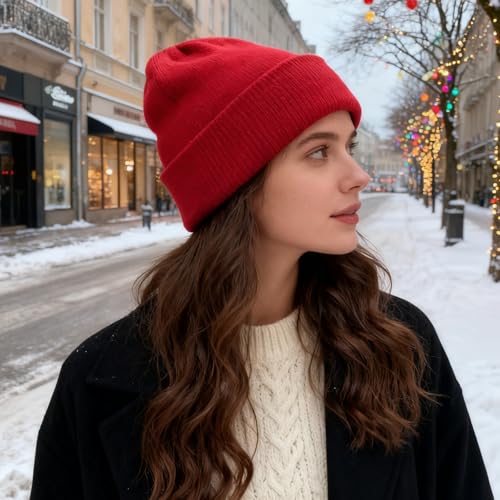 Reversible Knitted Beanie Hat - Black/Red - Warm Winter Cap