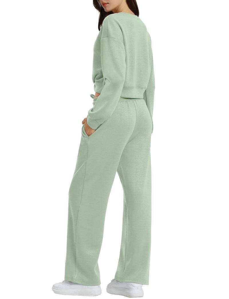 WIHOLL Matching Sets For Women Loungewear Twist Front Crop Sweatshirt Wide Leg Sweatpant Casual Lounge Sets Light Green L