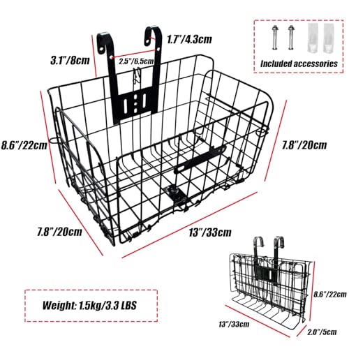 Bicycle Front Basket - Folding Wire Basket with Handles - Black