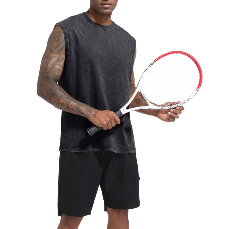 Mens Cotton Workout Tank Top - Sleeveless Muscle Shirt - Large - Black