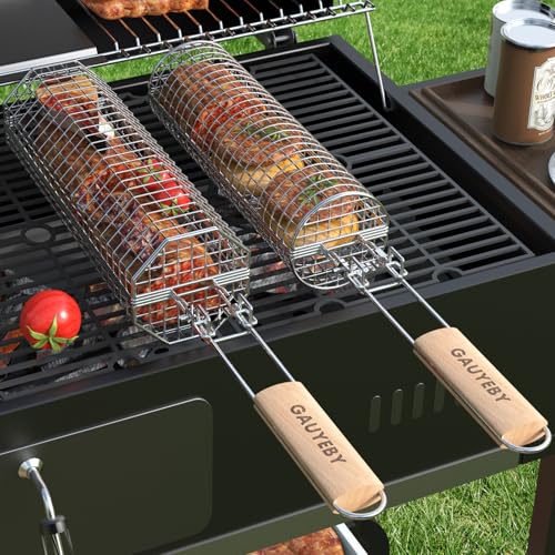 GAUYEBY 2PCS Rolling Grill Basket Set with Removable Handles, Octagon & Round Stainless Steel BBQ Nets for Meat, Shrimp, Vegetables