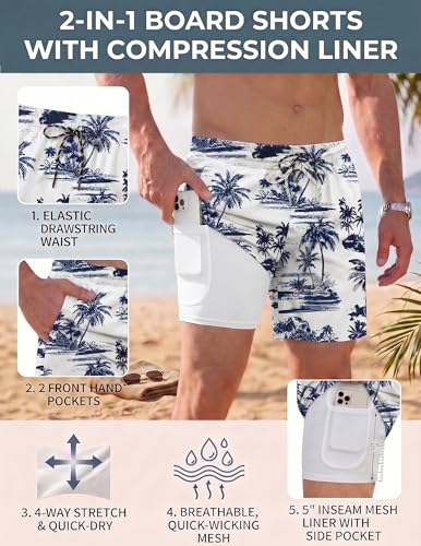 COOFANDY Men's Navy Blue Coconut Tree Swim Trunk with Compression Liner 2-in-1 Quick Dry Bathing Suit Large