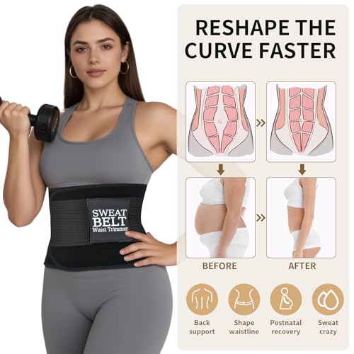 Waist Trainer for Women - Adjustable Sweat Belt for Fat Burning - Black, Medium