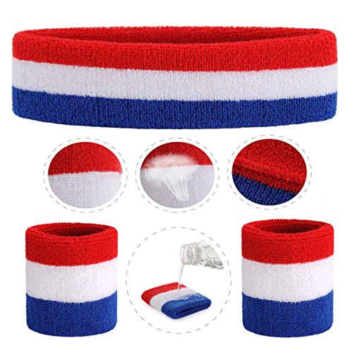 Moisture-Wicking Sweatband Set - Headband & Wristbands - Red/White/Blue