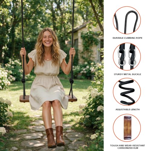 JMZOO Dark Brown Wooden Swing with Adjustable Climbing Rope & Tree Straps