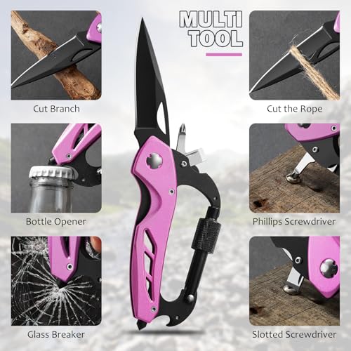 6-in-1 Pink Multitool Carabiner Knife - EDC Tool for Camping & Hiking