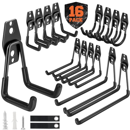 Nacial 16 Pack Garage Hooks Heavy Duty, Utility Steel Garage Storage Hook with 2 Storage Straps, Utility Garage Wall Mount Hooks for Hanging Bike, Ladder and Garden Tools, Perfect for Father Day Gifts