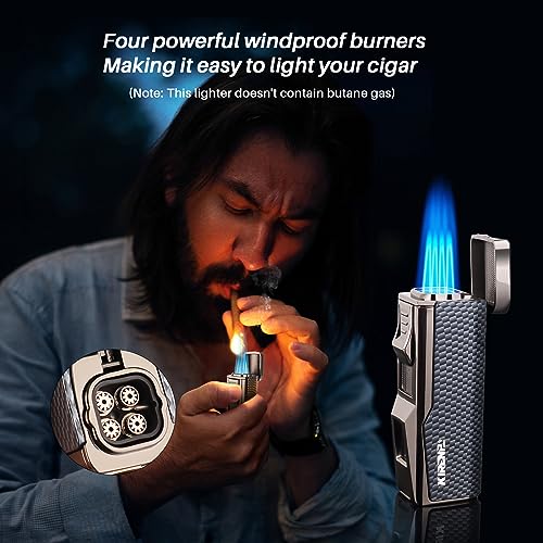 Kirenp Carbon Fiber All-in-One Cigar Lighter Set with V Cutter & Punch