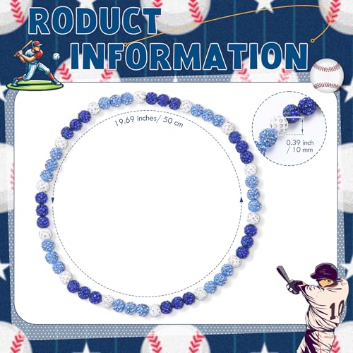 Baseball Beaded Necklace - 6 Pcs Bling Rhinestone Clay - Blue & White 20 Inch