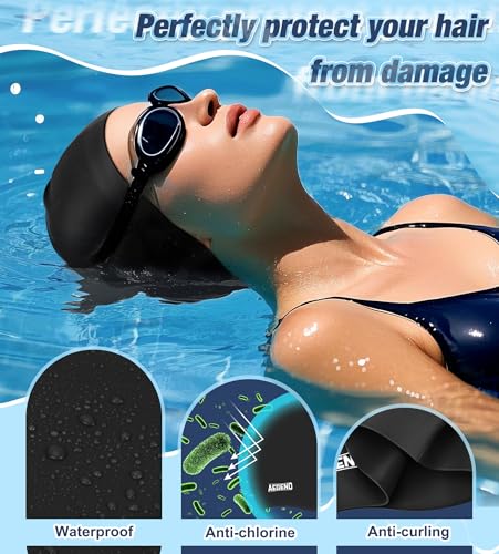 Long Hair Swim Cap - Durable Silicone Swim Hat for Women & Men - 1 Pack - Black