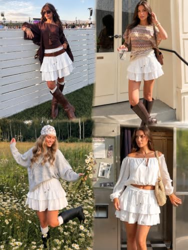 LOMON Flowy Skorts for Women White Medium Boho Ruffled High Waist Tiered