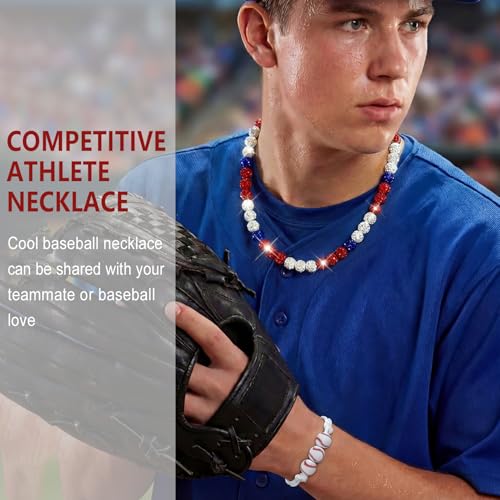 Baseball Rhinestone Bead Necklace and Bracelet Set - Warrior Red/Blue/White