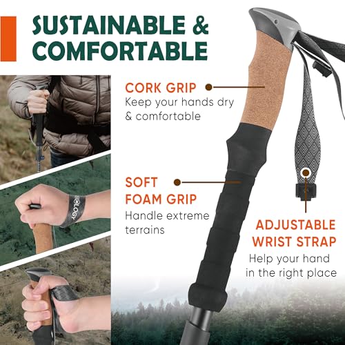 TREKOLOGY Trek-Z Collapsible Cork Grip Hiking Poles - Black with Blue