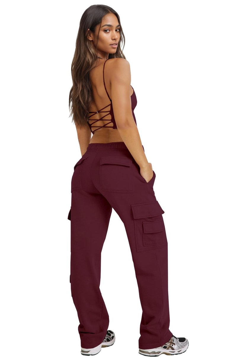 Waitfairy Cargo Sweatpants for Women Straight Leg Fleece Lined Joggers Women Barrel Baggy Sweat Pants for Girls Fall Outfits Red M