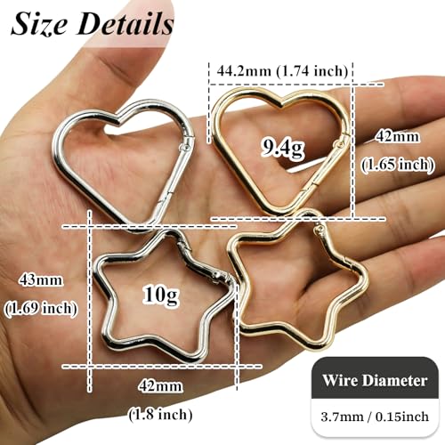 Gold & Silver Heart & Star Carabiner Clips - 4 Pack Mix Color