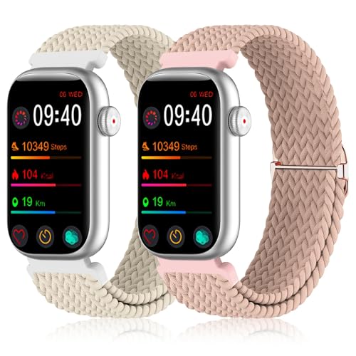 HQzon 2-Pack Stretchy 16mm Braided Nylon Bands for FITVII HM08, MorePro HM08, Amzhero-Runfit D26, KALINCO Slim (Starlight+Coralpink)