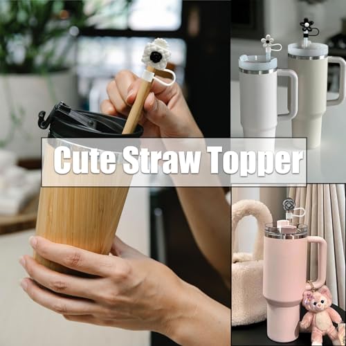 10mm Black & White Straw Cover Caps - 6 Pcs with Flower Design