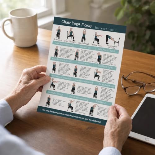 Chair Yoga Exercise Posters - 4 Pack Seated Workout Charts - Green