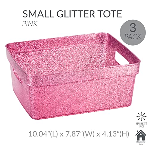 Small Glitter Tote Bins - 3 Pack Storage Baskets - Pink