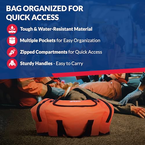 Dixie EMS Fully Stocked Trauma First Aid Kit - First Responder II Orange Bag with Tools & Gauze