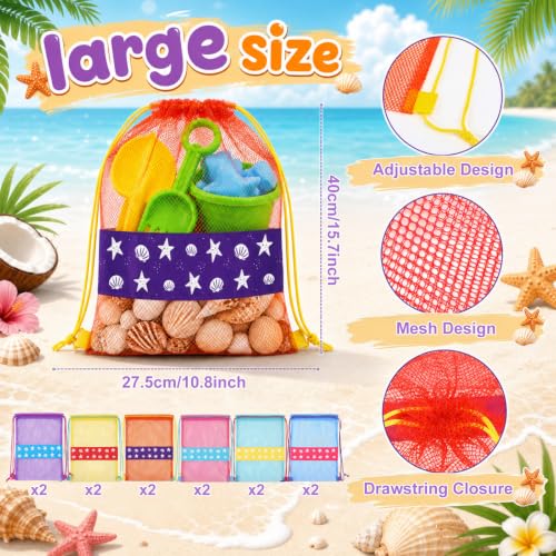 Beach Toy Mesh Bags - 12 Pcs Drawstring Backpack Set - Seashell