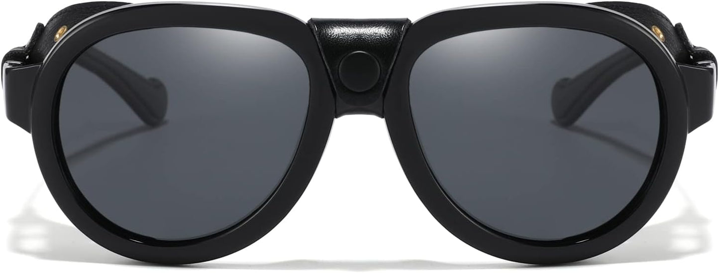 Skiennix Retro Aviator Steampunk Sunglasses - Polarized Vintage Goggles with Leather Side Shields for Men & Women