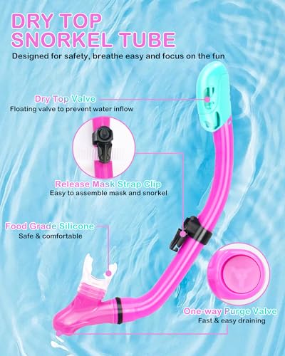 Purple Kids Snorkel Set with Mask Fins & Mesh Bag - Ages 5-14, Adjustable Fins & Dry Top Snorkel