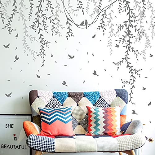3D Removable Grey Vines Wall Stickers - Peel & Stick DIY Wall Decals with Flying Birds, Waterproof PVC Wall Decor for Kids Room, Bedroom, Living Room, Office (30x45cm x6, 89x164cm Coverage)