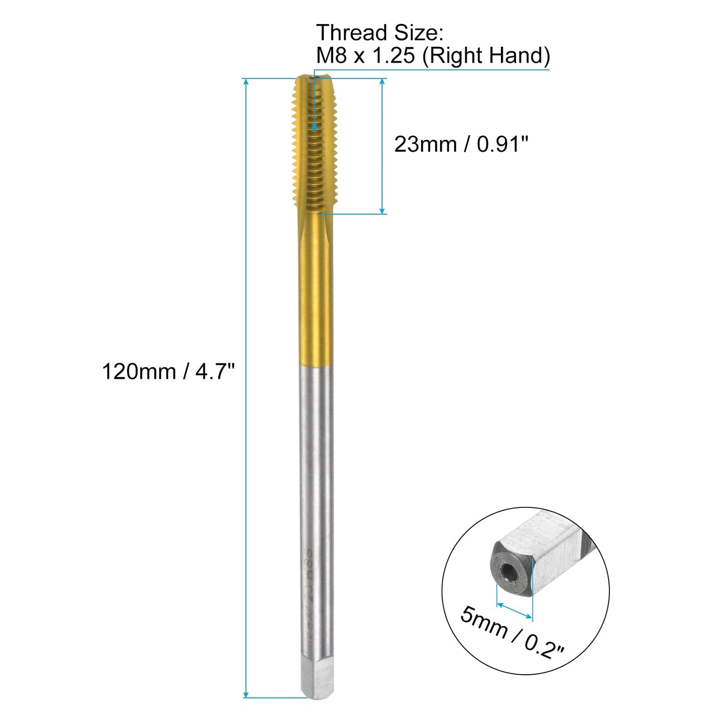 uxcell Metric Thread Tap M8 x 1.25 H2 120mm Extra Long Titanium Coated High Speed Steel 6542 Straight Flute Screw Thread Milling Machine Taps Threading Tapping Repair Tool