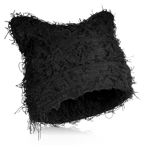 Distressed Knitted Cat Ear Beanie Hat - Black